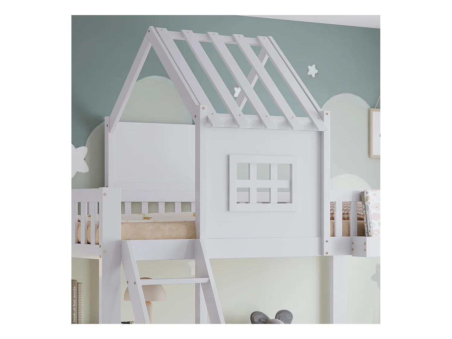 Lit superposé enfant 90x200 cm - avec bureau - avec 2 tiroirs - avec toit et fenêtres - Bois massif + MDF - Blanc (sans matelas)