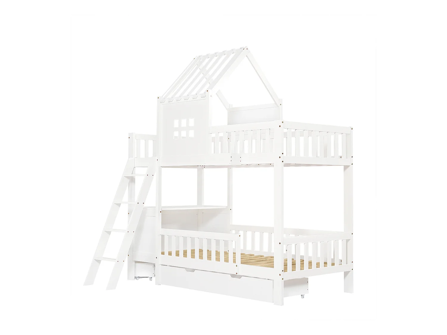 Lit superposé enfant 90x200 cm - avec bureau - avec 2 tiroirs - avec toit et fenêtres - Bois massif + MDF - Blanc (sans matelas)