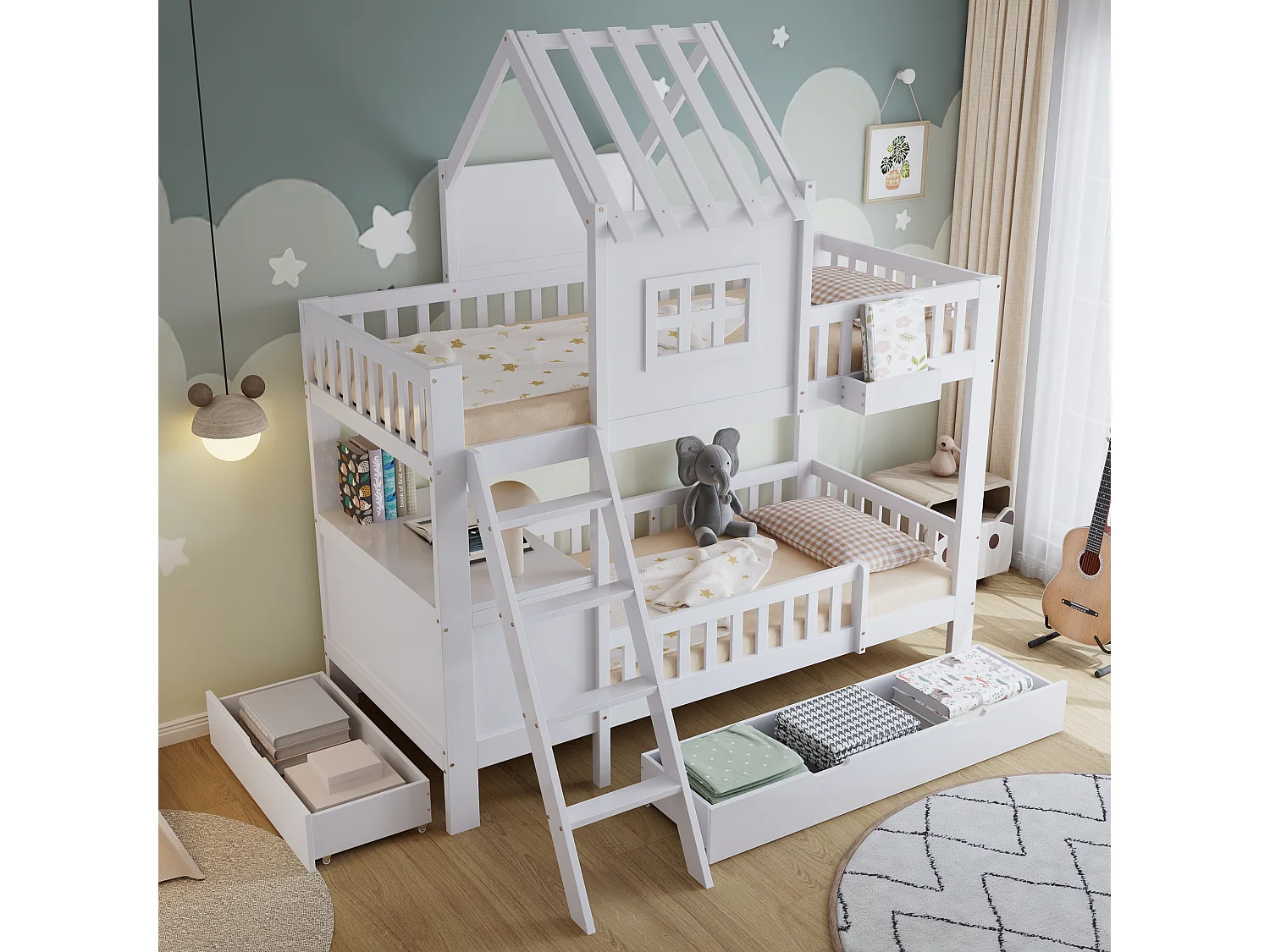 Kinder-Etagenbett 90×200 cm - mit Schreibtisch - 2 Schubladen - mit Dach und Fenstern - Massivholz + MDF - weiß (ohne Matratze)