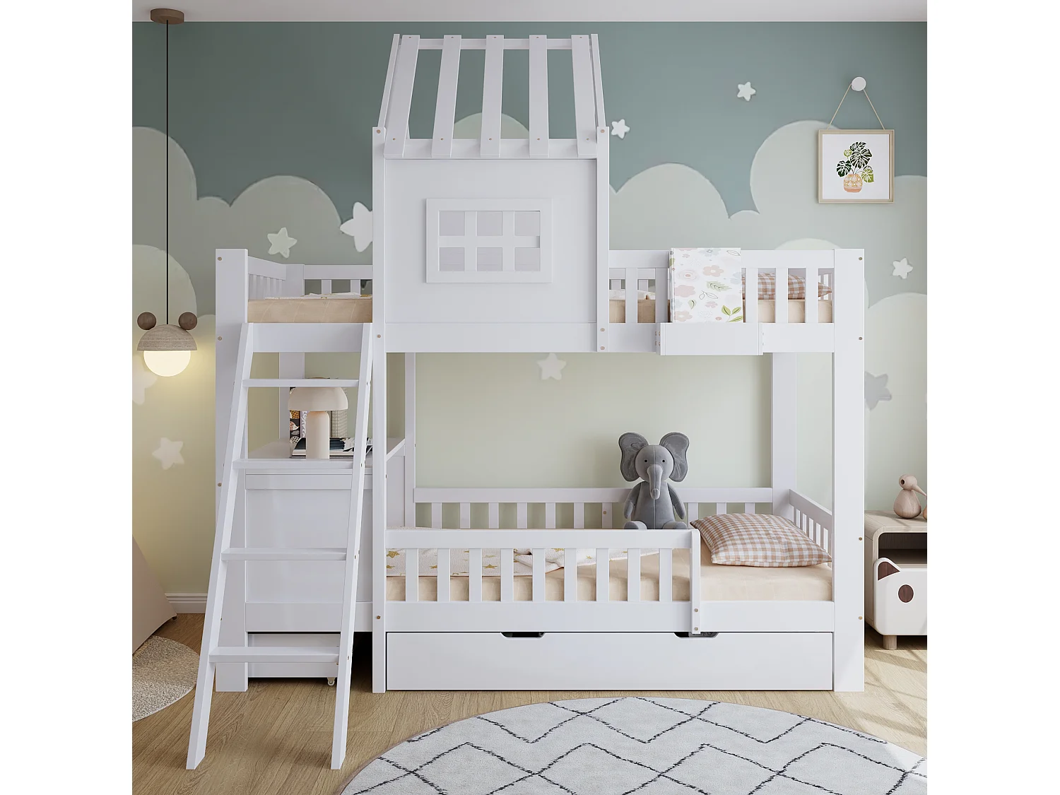 Kinder-Etagenbett 90×200 cm - mit Schreibtisch - 2 Schubladen - mit Dach und Fenstern - Massivholz + MDF - weiß (ohne Matratze)