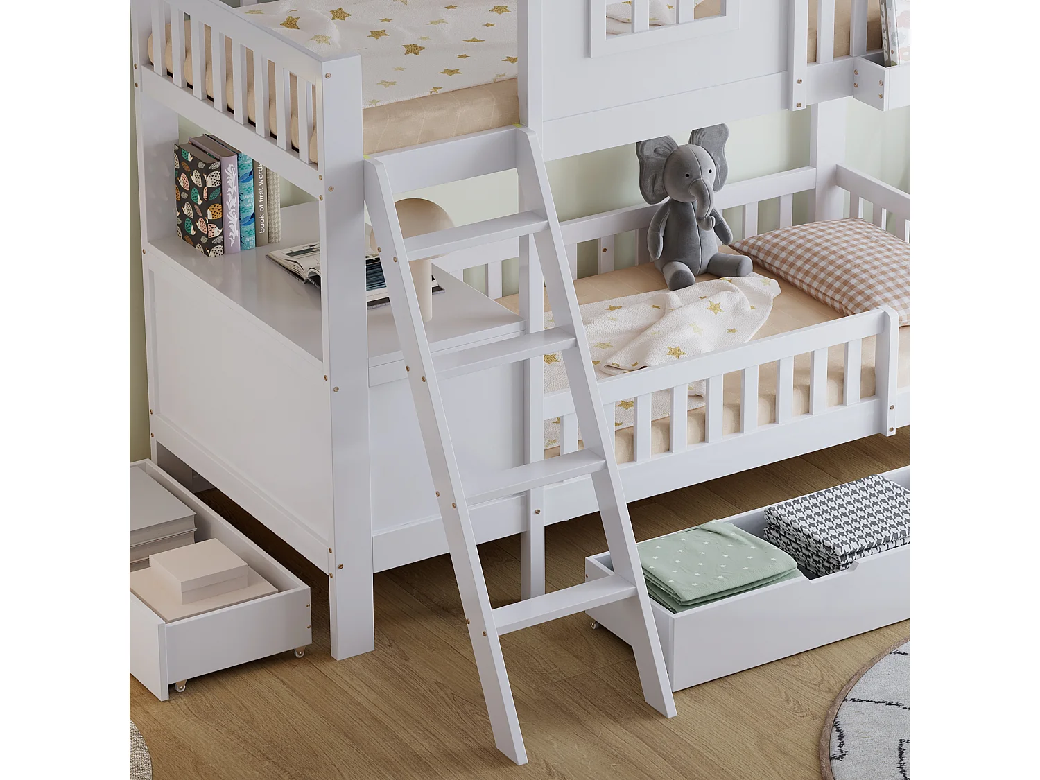 Kinder-Etagenbett 90×200 cm - mit Schreibtisch - 2 Schubladen - mit Dach und Fenstern - Massivholz + MDF - weiß (ohne Matratze)