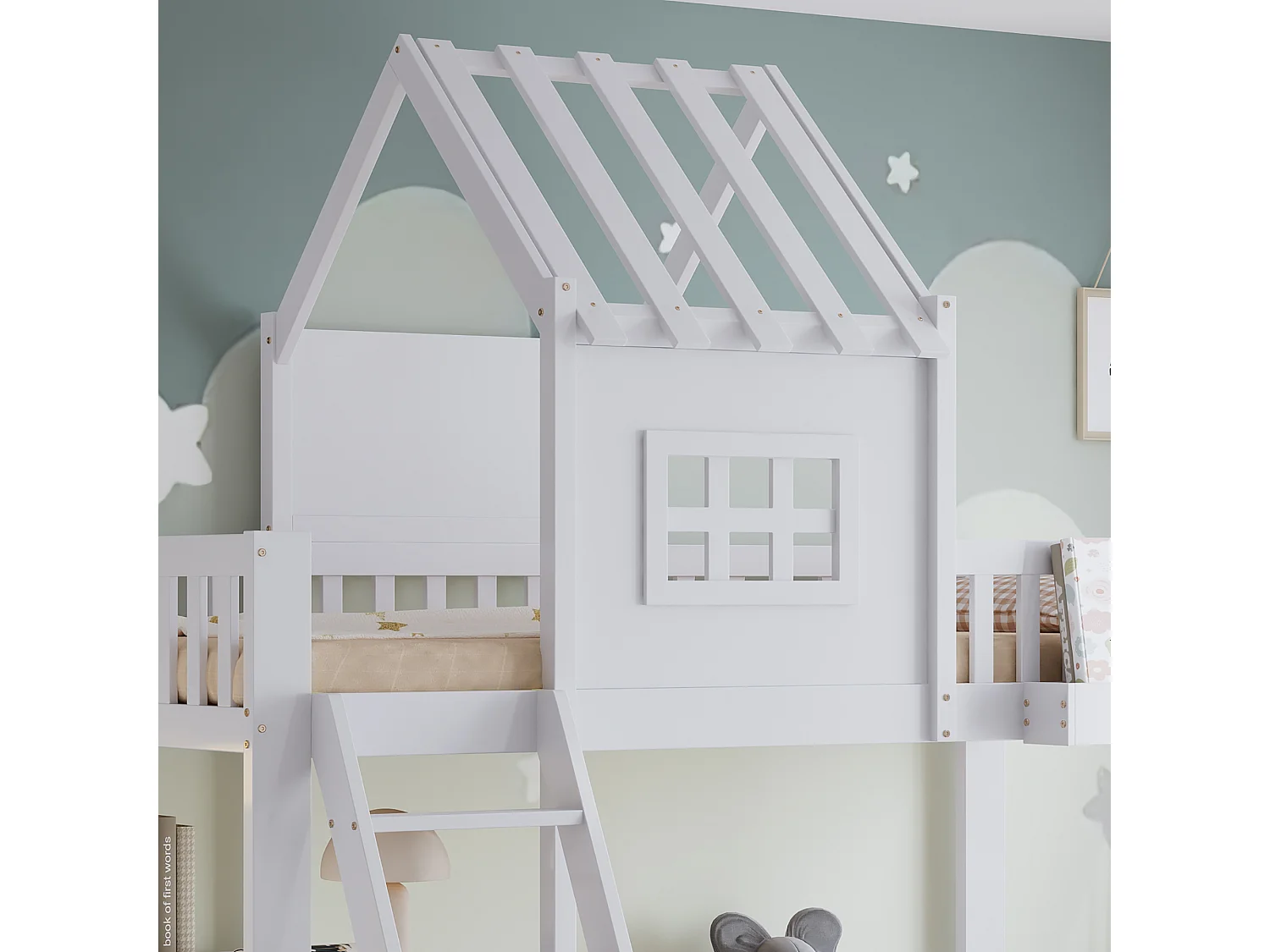 Kinder-Etagenbett 90×200 cm - mit Schreibtisch - 2 Schubladen - mit Dach und Fenstern - Massivholz + MDF - weiß (ohne Matratze)