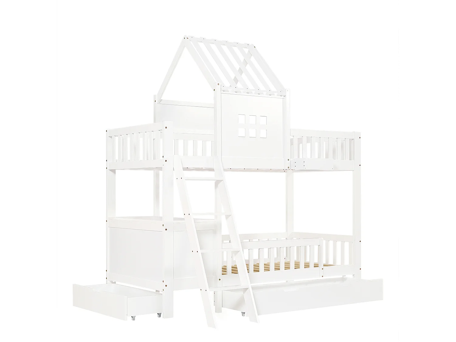 Kinder-Etagenbett 90×200 cm - mit Schreibtisch - 2 Schubladen - mit Dach und Fenstern - Massivholz + MDF - weiß (ohne Matratze)