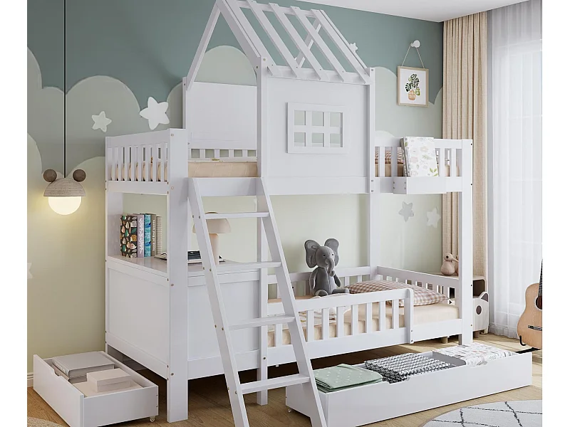 Łóżko piętrowe dla dzieci 90×200 cm - z biurkiem - 2 szuflady - z daszkiem i oknami - Drewno lite + MDF - białe (bez materaca)