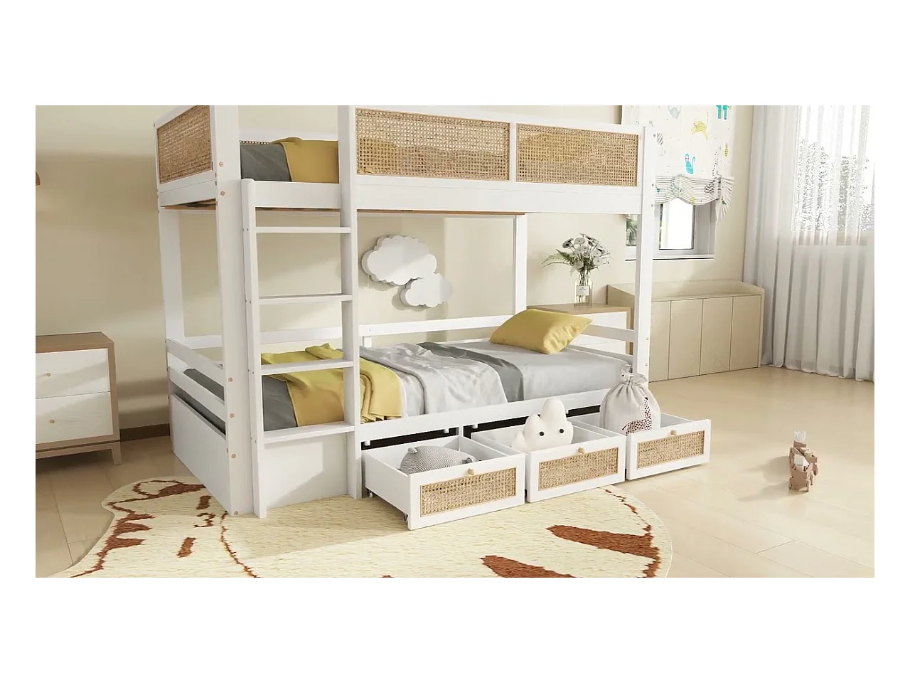 Lit superposé 90x200 cm - avec 3 tiroirs - avec échelle de sécurité - avec clôture en rotin - Bois massif + MDF - Blanc + Naturel