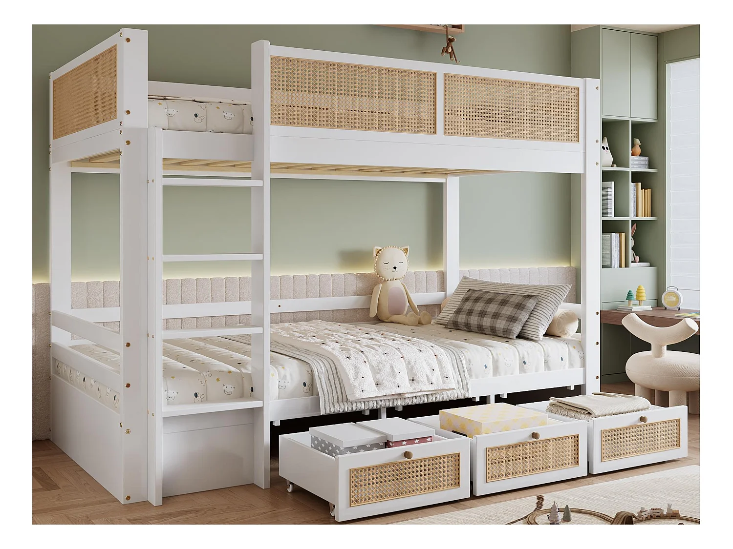 Lit superposé 90x200 cm - avec 3 tiroirs - avec échelle de sécurité - avec clôture en rotin - Bois massif + MDF - Blanc + Naturel