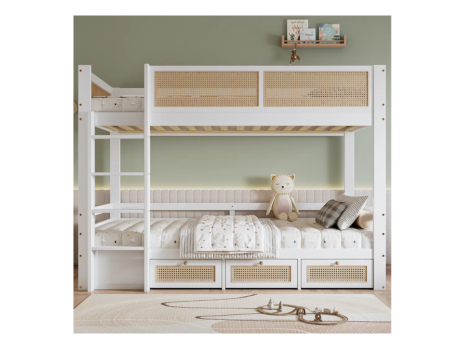 Lit superposé 90x200 cm - avec 3 tiroirs - avec échelle de sécurité - avec clôture en rotin - Bois massif + MDF - Blanc + Naturel