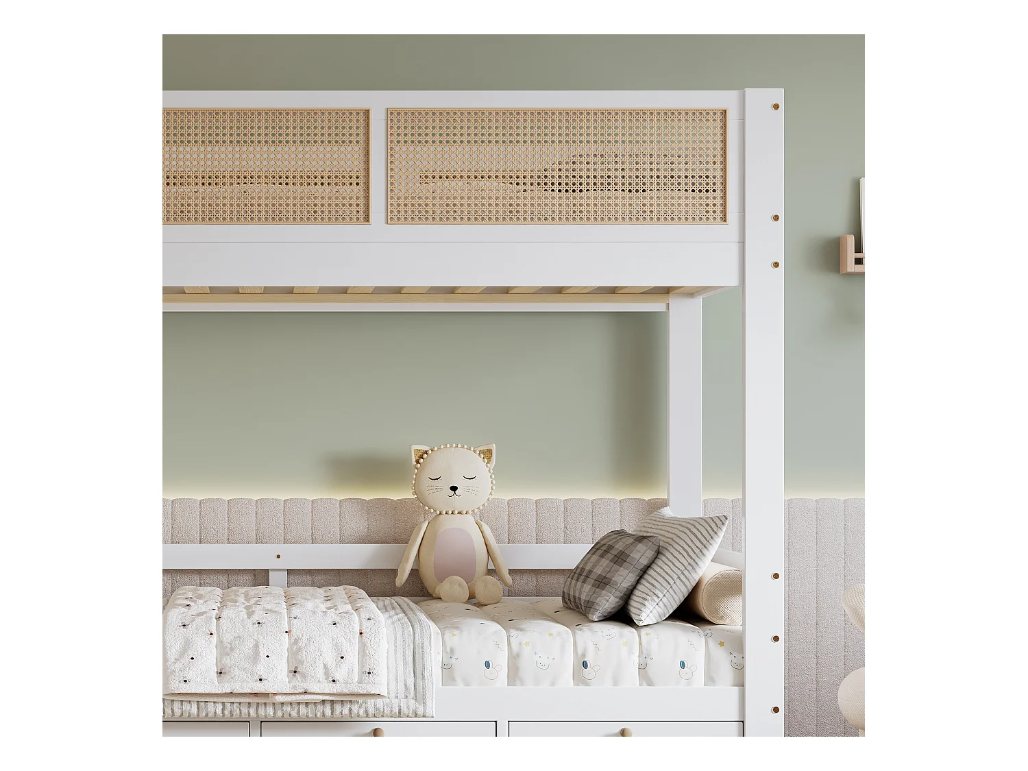 Lit superposé 90x200 cm - avec 3 tiroirs - avec échelle de sécurité - avec clôture en rotin - Bois massif + MDF - Blanc + Naturel