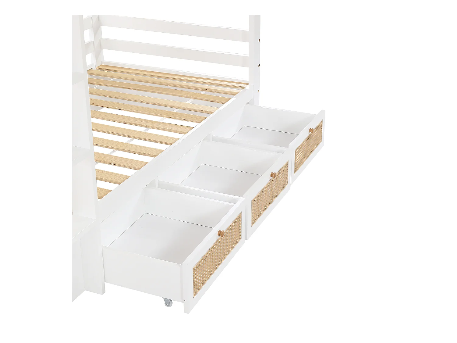 Lit superposé 90x200 cm - avec 3 tiroirs - avec échelle de sécurité - avec clôture en rotin - Bois massif + MDF - Blanc + Naturel