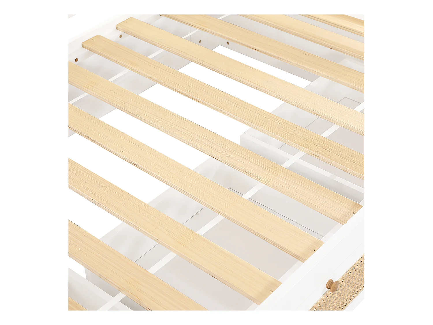 Lit superposé 90x200 cm - avec 3 tiroirs - avec échelle de sécurité - avec clôture en rotin - Bois massif + MDF - Blanc + Naturel