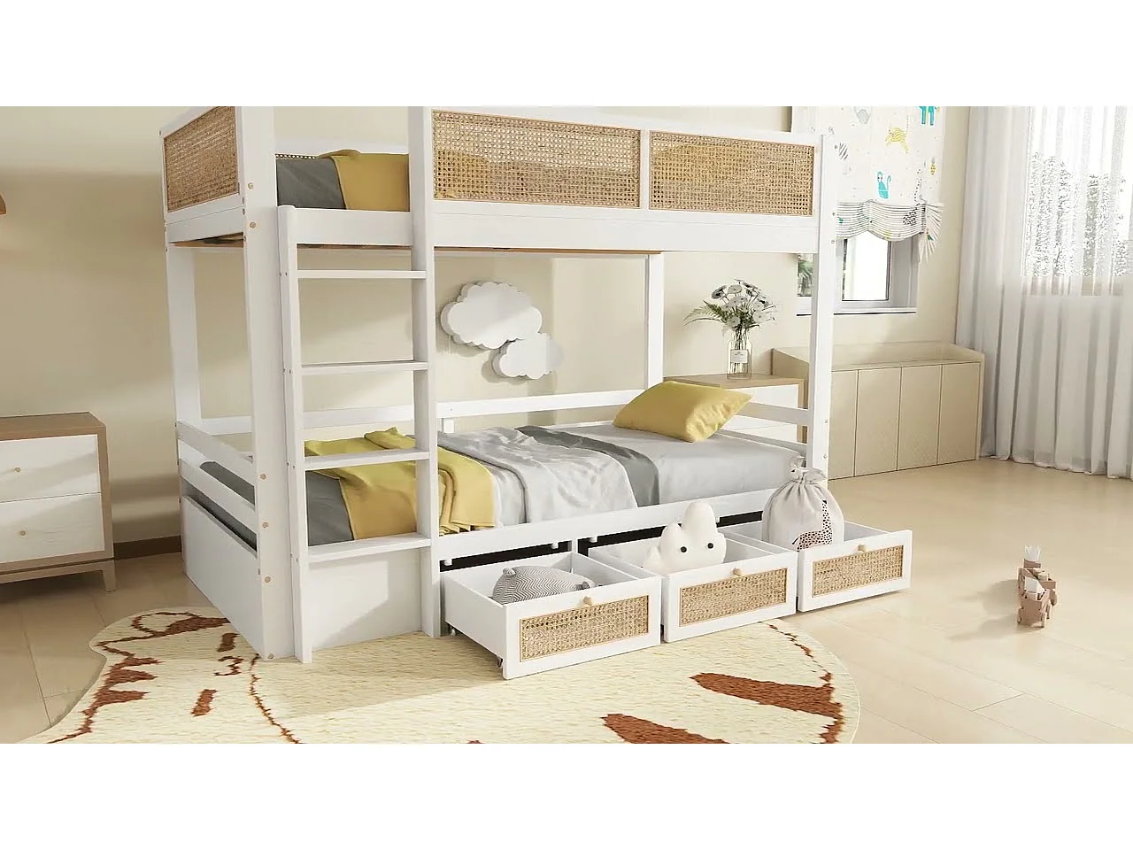 Łóżko piętrowe 90×200 cm - z 3 szufladami - z drabiną bezpieczeństwa - z barierką z rattanu - Drewno lite + MDF - białe + naturalny