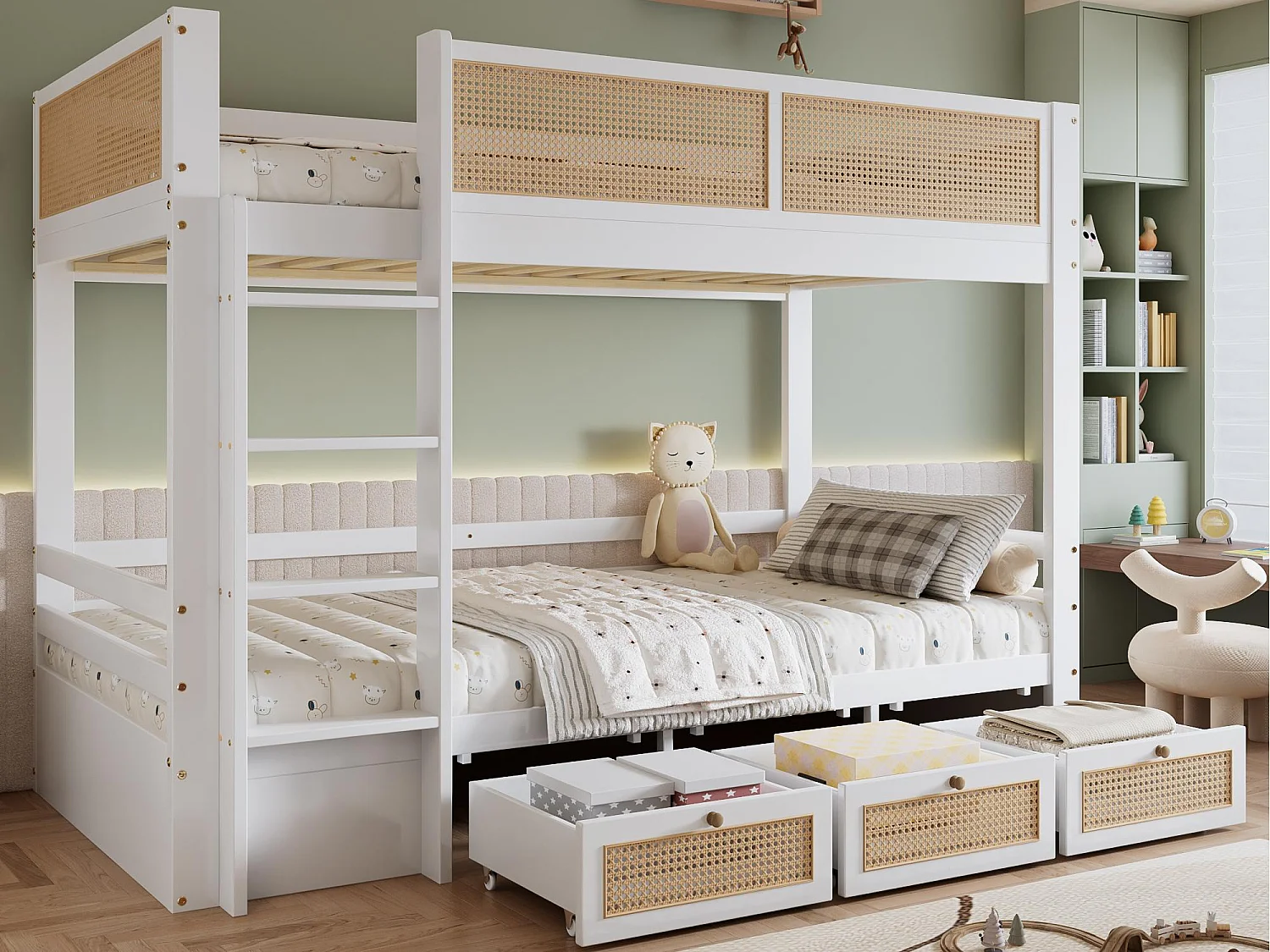 Łóżko piętrowe 90×200 cm - z 3 szufladami - z drabiną bezpieczeństwa - z barierką z rattanu - Drewno lite + MDF - białe + naturalny