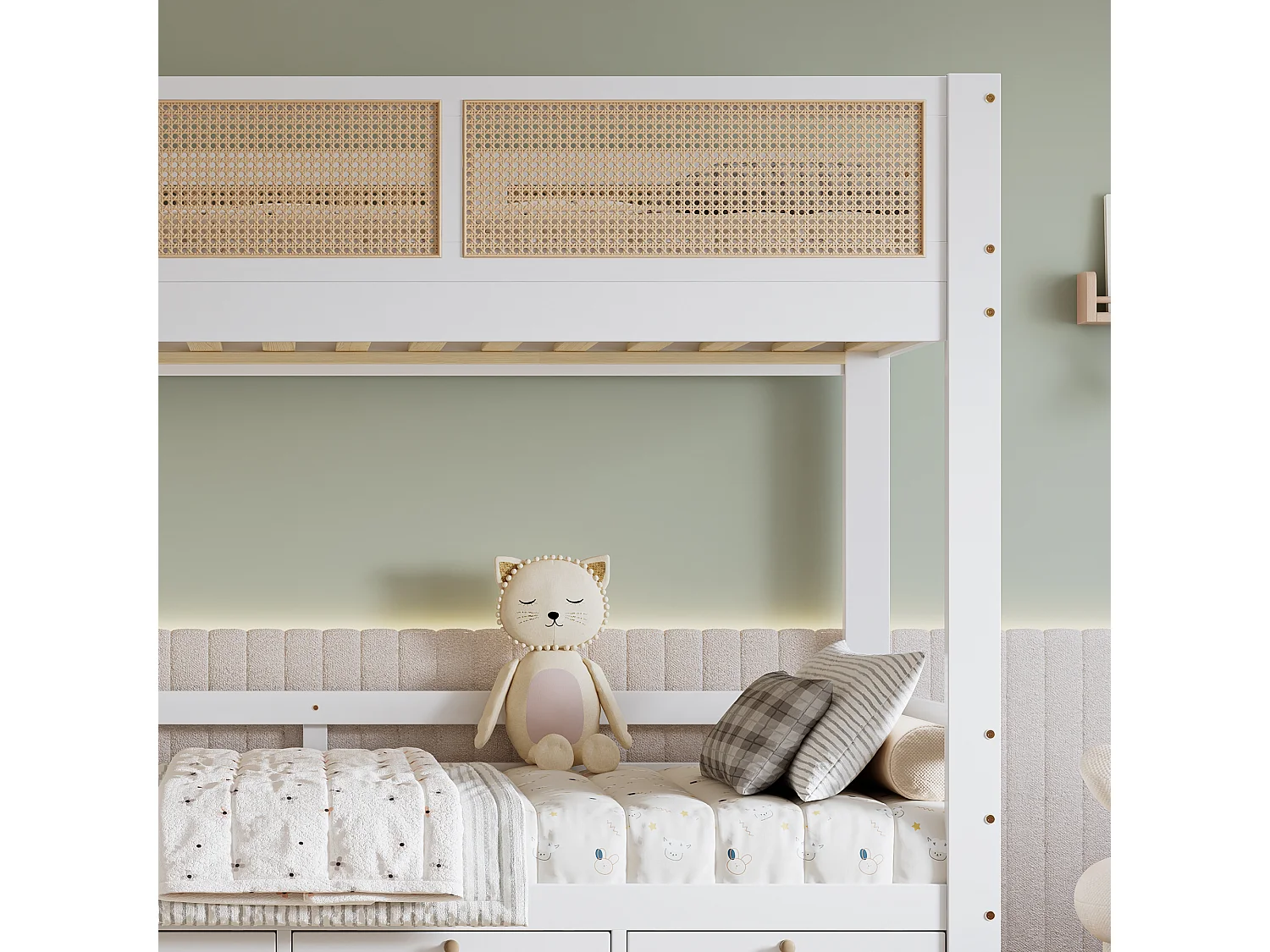 Łóżko piętrowe 90×200 cm - z 3 szufladami - z drabiną bezpieczeństwa - z barierką z rattanu - Drewno lite + MDF - białe + naturalny