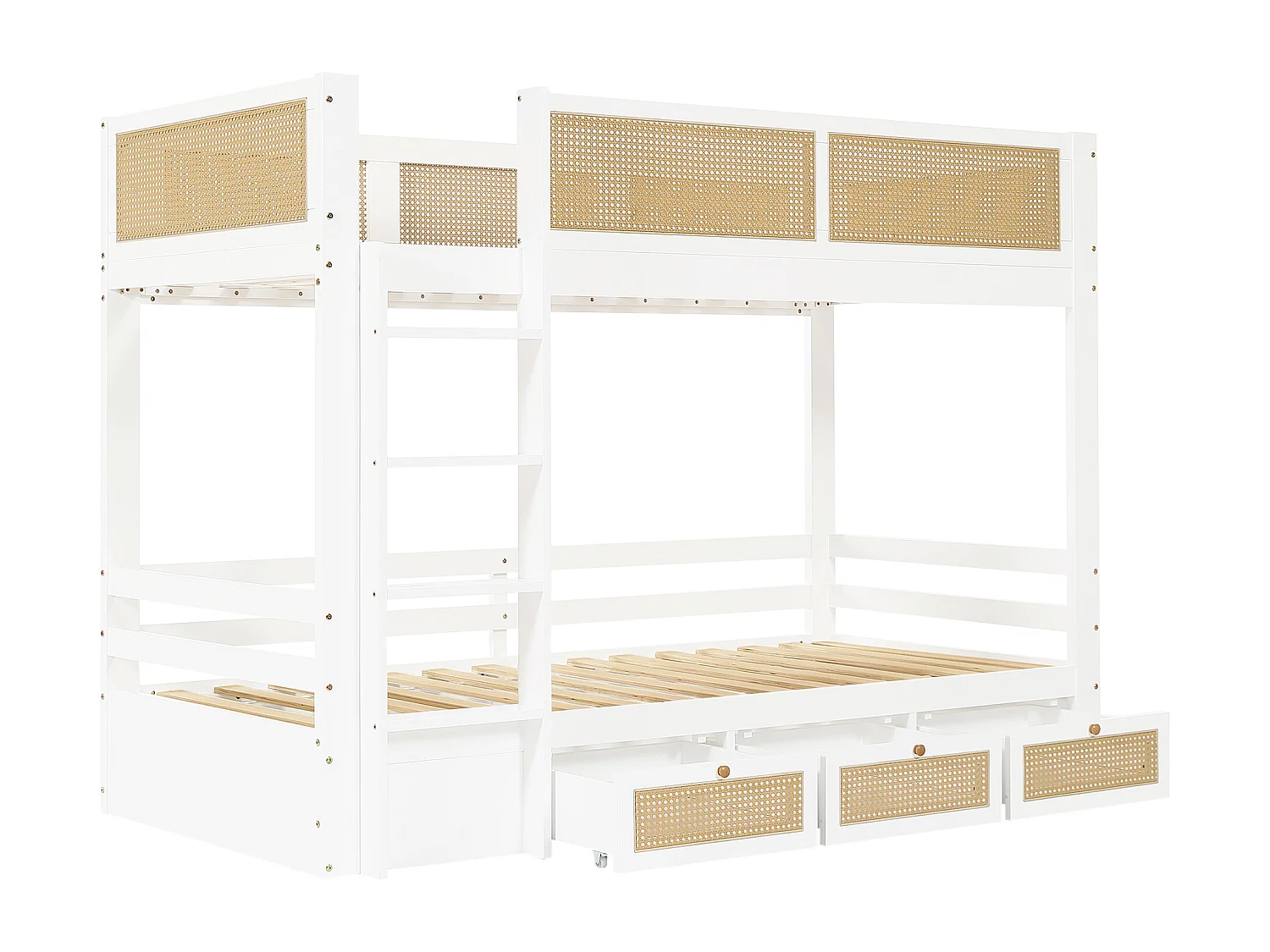 Łóżko piętrowe 90×200 cm - z 3 szufladami - z drabiną bezpieczeństwa - z barierką z rattanu - Drewno lite + MDF - białe + naturalny