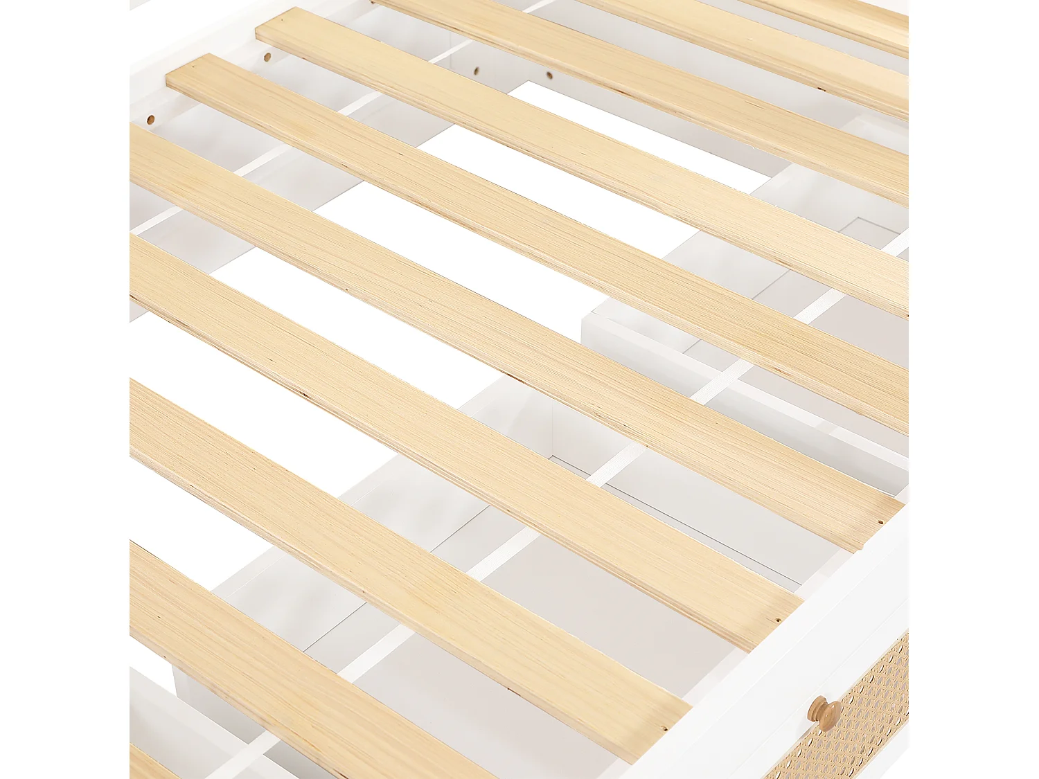 Łóżko piętrowe 90×200 cm - z 3 szufladami - z drabiną bezpieczeństwa - z barierką z rattanu - Drewno lite + MDF - białe + naturalny