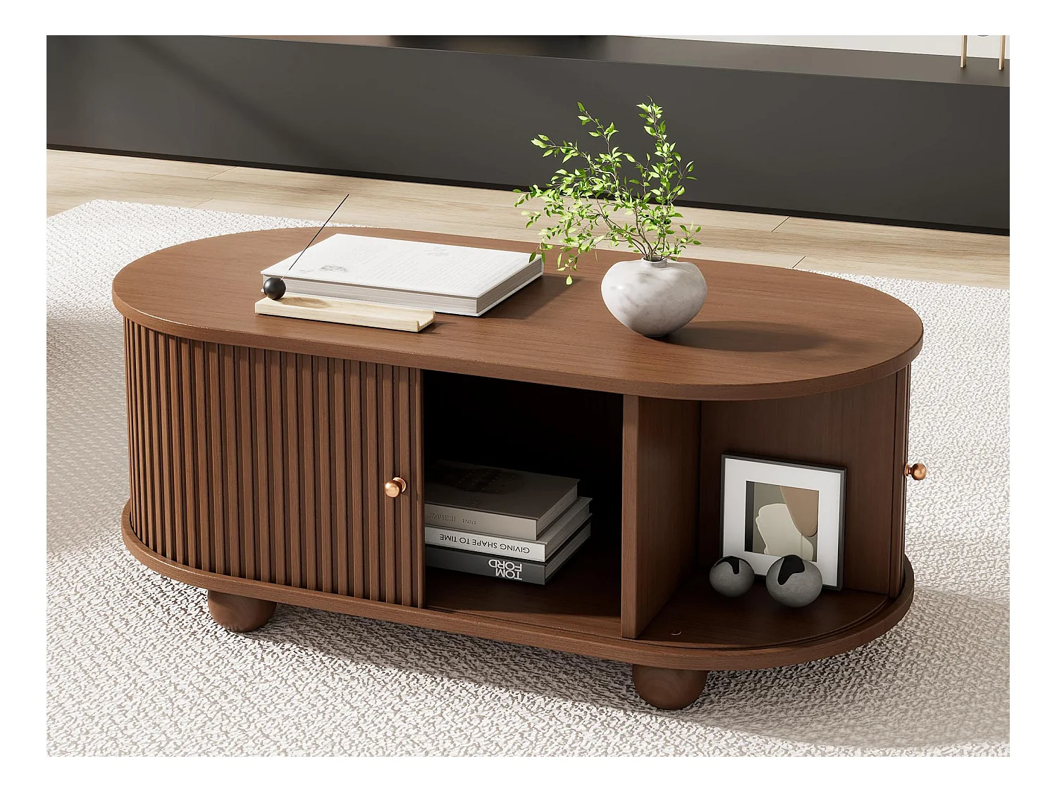 Table basse 100x50x40 cm - avec 2 portes coulissantes - compartiment de rangement - marron