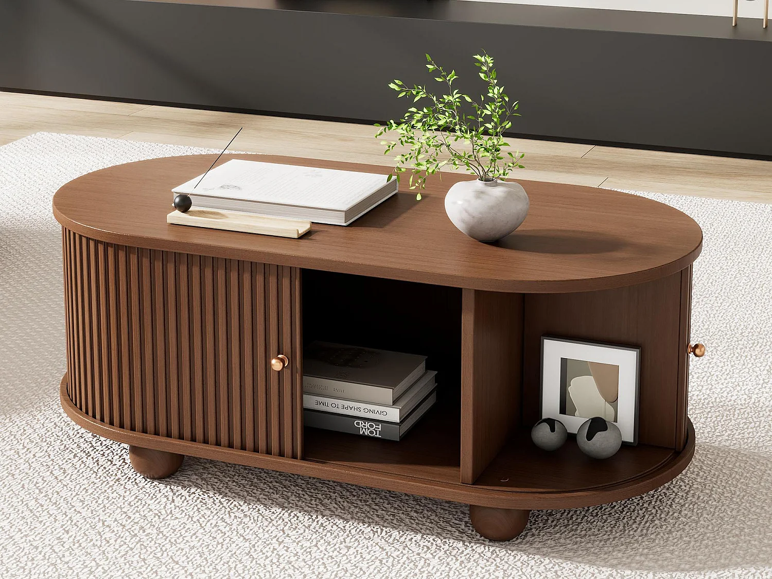 Stolik kawowy 100×50×40 cm - z 2 przesuwnymi drzwiami - schowek - brązowy