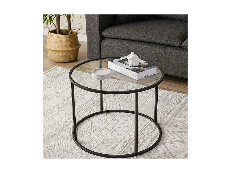 Table basse ronde verre ⌀60 cm - structure métal noir TULUM