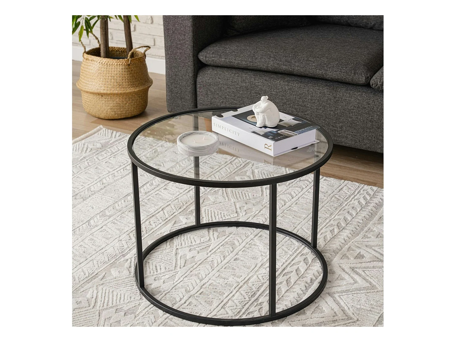 Table basse ronde verre ⌀60 cm - structure métal noir TULUM