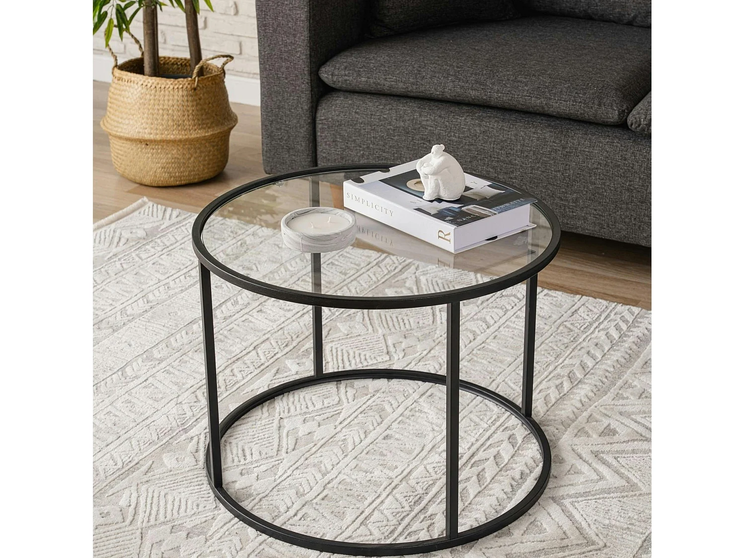 Table basse ronde verre ⌀60 cm - structure métal noir TULUM