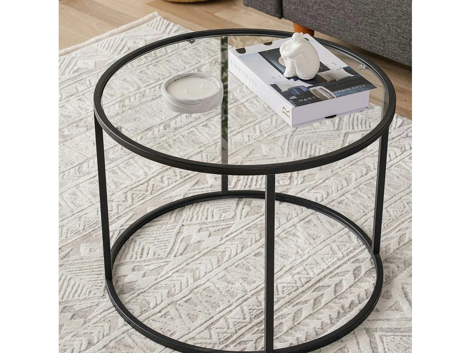 Table basse ronde verre ⌀60 cm - structure métal noir TULUM