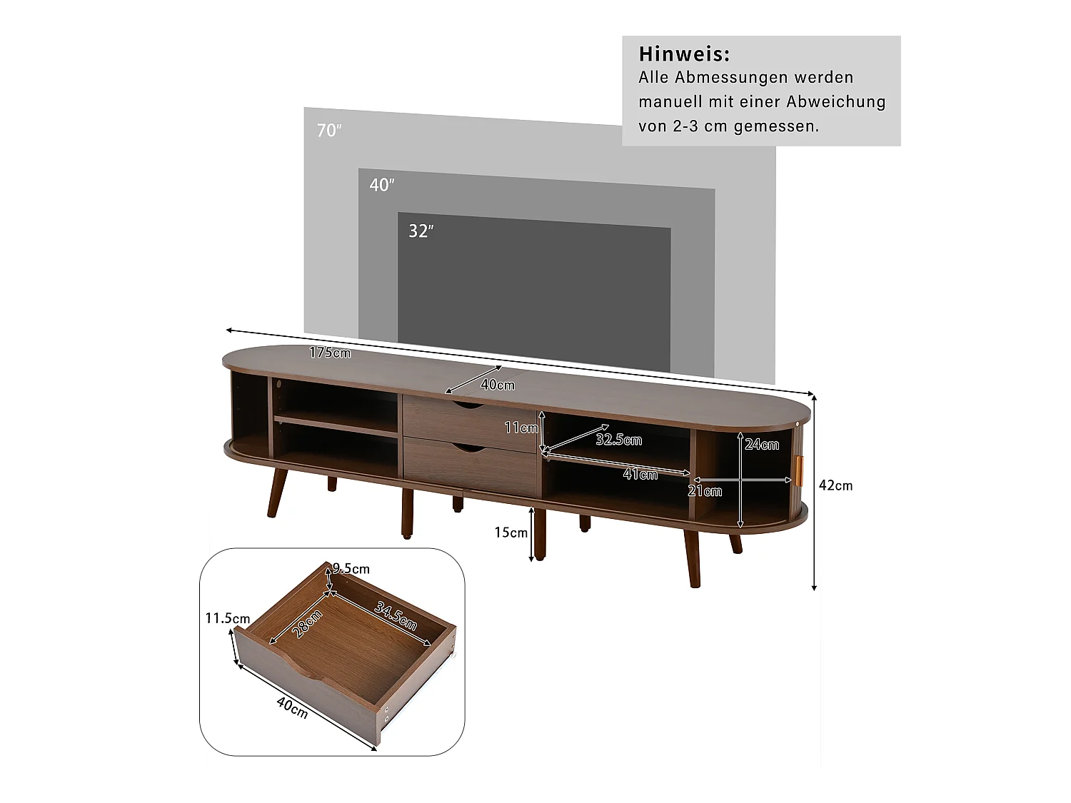 TV-Schrank 175×40×42 cm - 2 Schubladen - 2 Schiebetüren - für 75-Zoll-Fernseher geeignet - braun