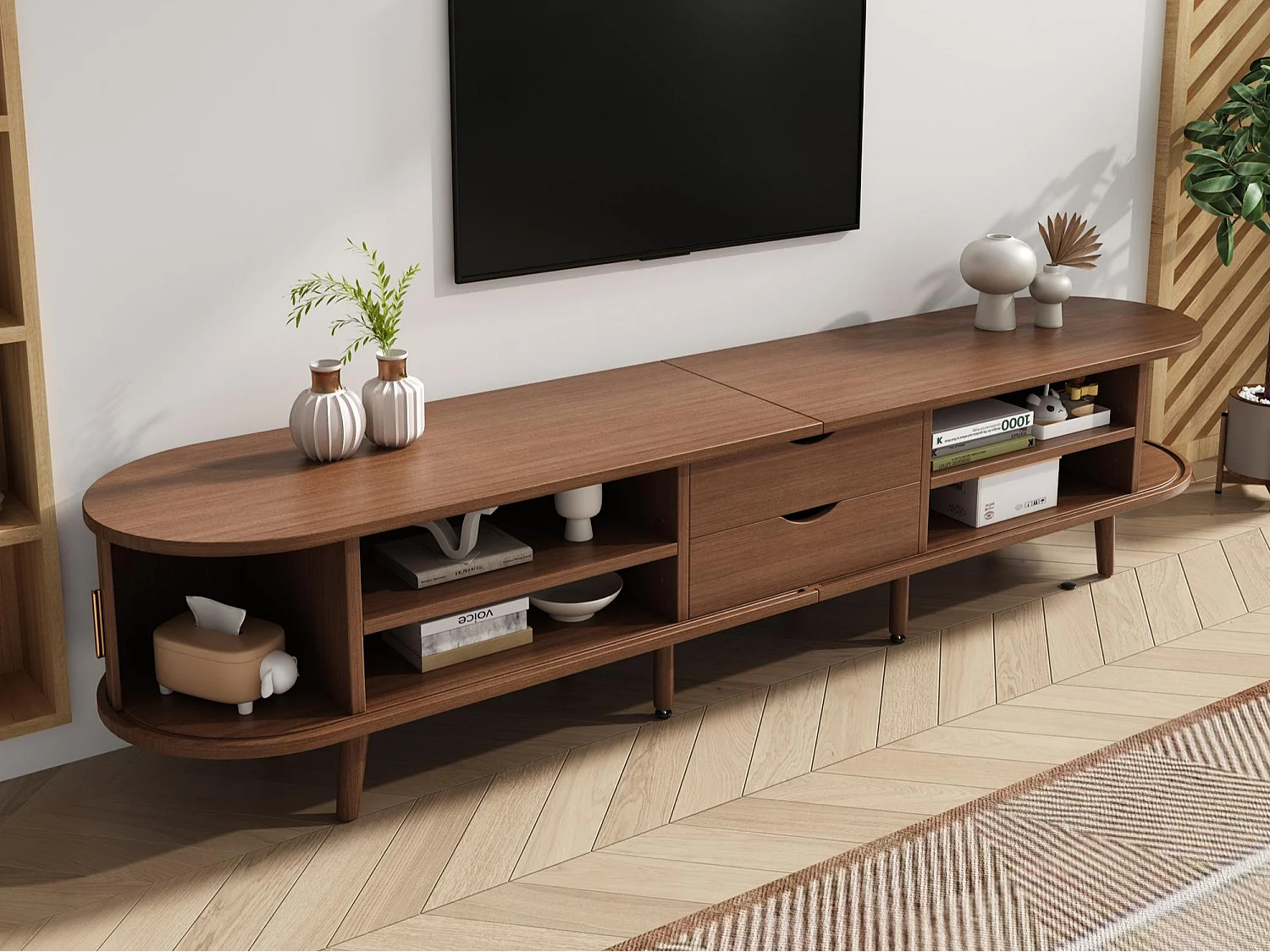 TV Stand 175x40x42 cm - 2 Drawers - 2 Sliding Doors - Compatible with 75-inch TVs - Brown
