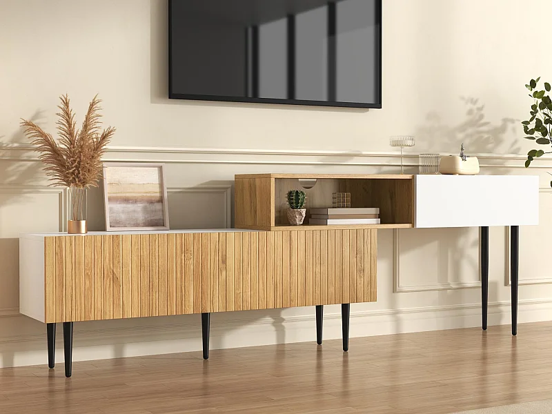 TV-Schrank 220×30×63,4 cm - Zwei-Modul-Design - Holzoptik - weiß + natur