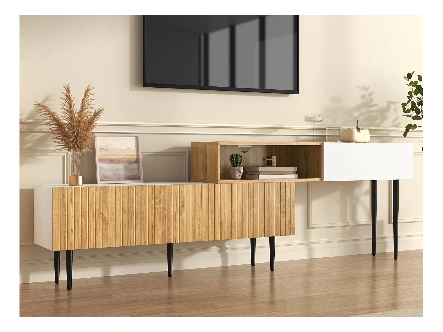 Meuble TV 220x30x63.4 cm - design en deux parties - aspect bois - Blanc + naturel