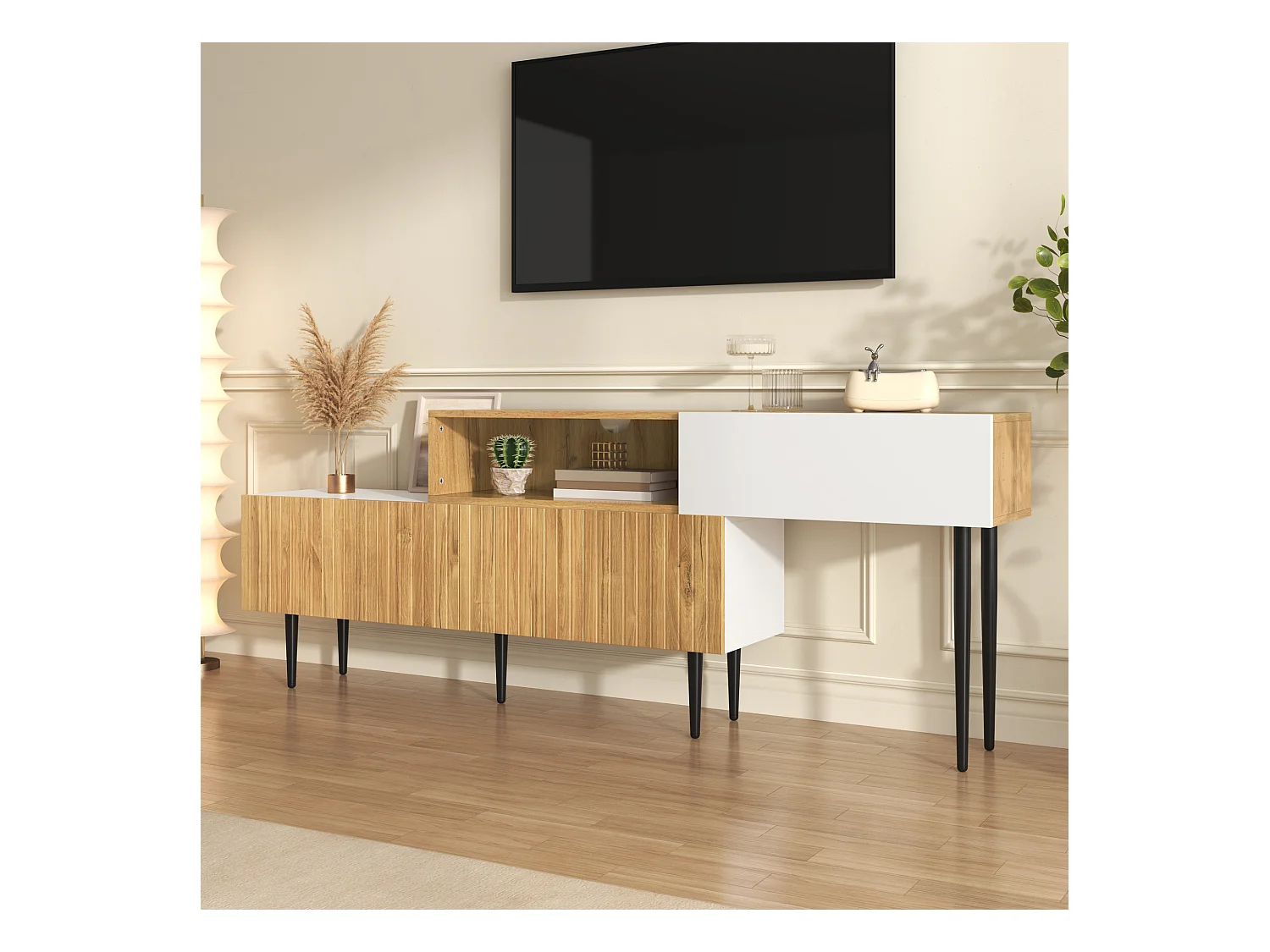 Meuble TV 220x30x63.4 cm - design en deux parties - aspect bois - Blanc + naturel