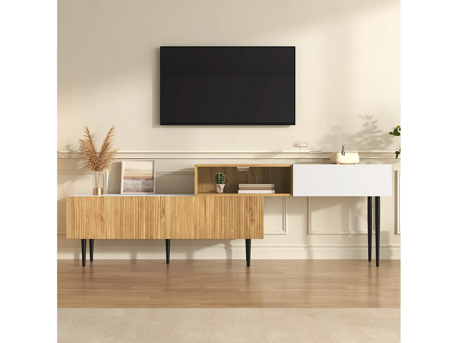 Móvel para TV 220×30×63,4 cm - design em dois módulos - acabamento madeirado - branco + natural