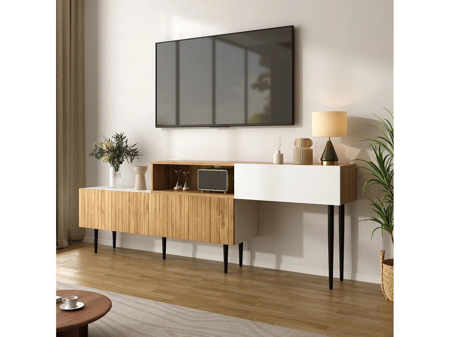 Móvel para TV 220×30×63,4 cm - design em dois módulos - acabamento madeirado - branco + natural