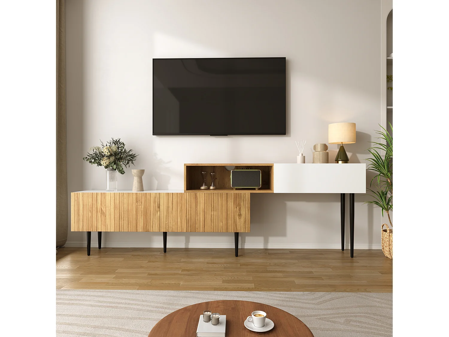 Móvel para TV 220×30×63,4 cm - design em dois módulos - acabamento madeirado - branco + natural