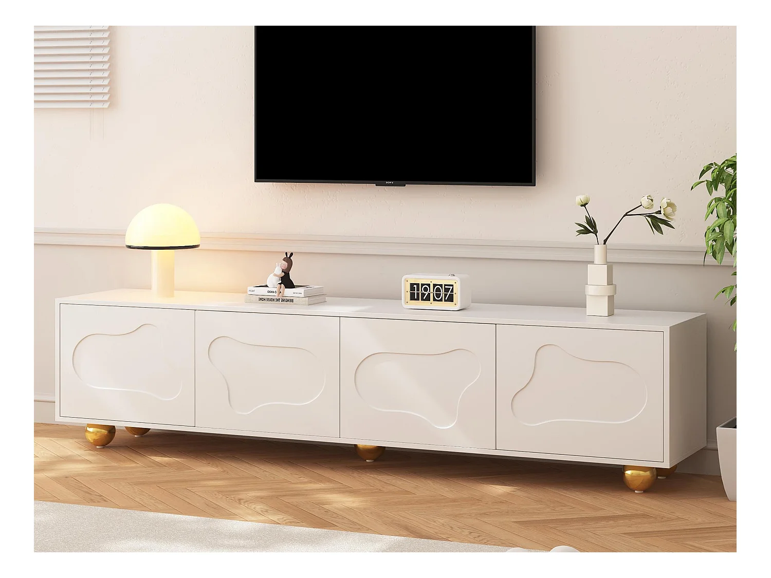 Meuble TV 180x40x45cm - 4 portes - pour téléviseurs 75 pouces - Blanc