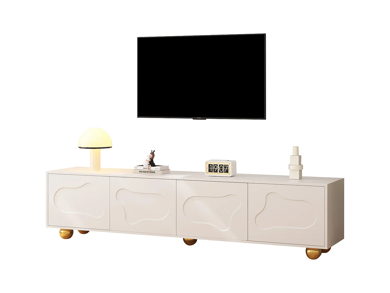 Meuble TV 180x40x45cm - 4 portes - pour téléviseurs 75 pouces - Blanc