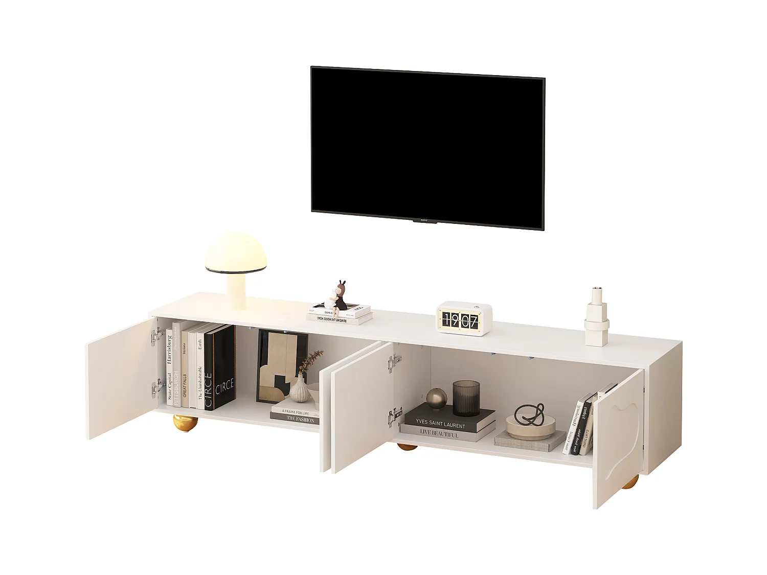 Meuble TV 180x40x45cm - 4 portes - pour téléviseurs 75 pouces - Blanc