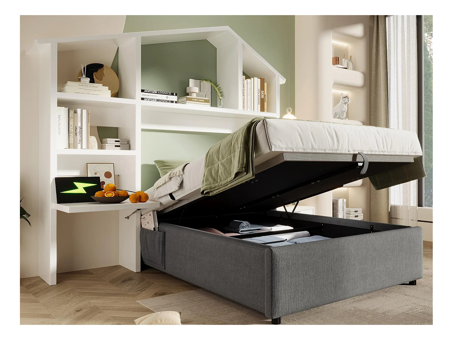 Lit coffre rembourré 90×190cm - tissu en lin - avec prises de recharge - avec bibliothèque blanche - Gris (sans matelas)
