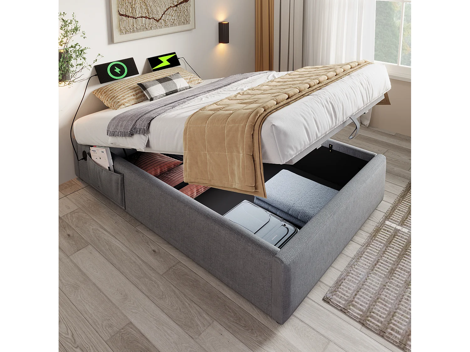 Opbergbed 90×190 cm - linnen stof - met oplaadpunten - met witte boekenkast - grijs (zonder matras)