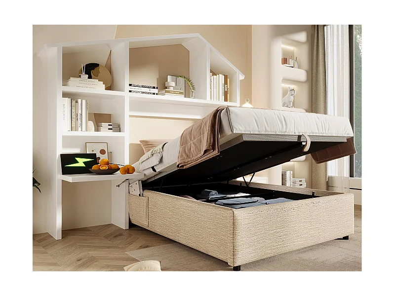 Letto contenitore imbottito 90×190 cm - tessuto in lino - con prese di ricarica - con libreria bianca - beige (senza materasso)