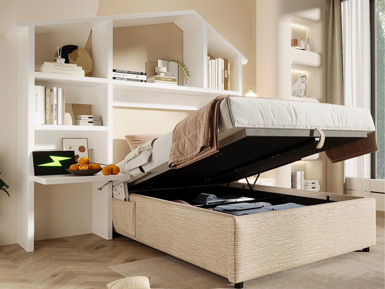 Polsterbett mit Stauraum 90×190 cm - Leinenstoff - mit Ladestationen - mit weißem Bücherregal - beige (ohne Matratze)