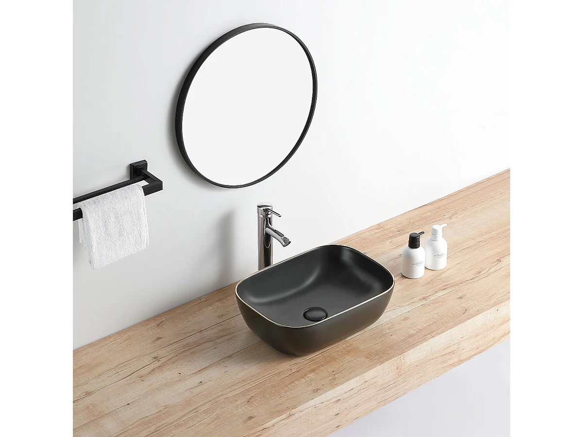 Vasque à poser rectangulaire en céramique CUARTO 3 coloris 45.5 x 32.5 cm Noir mat liseré doré