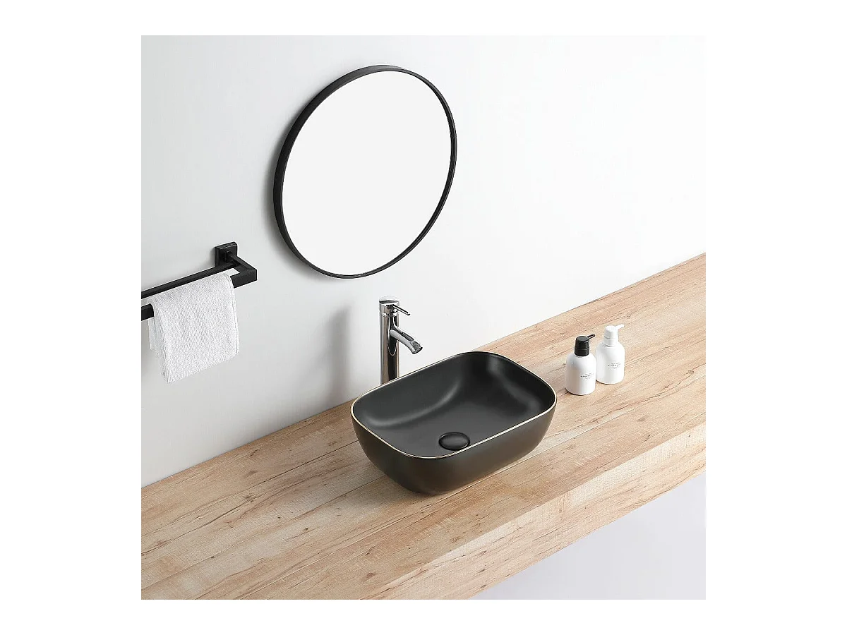 Vasque à poser rectangulaire en céramique CUARTO 3 coloris 45.5 x 32.5 cm Noir mat liseré doré