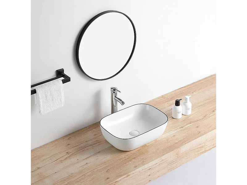 Lavabo blanco brillante borde negro sobre encimera cerámico CUARTO 45,5 x 32,5 cm  45.5 x 32.5 cm