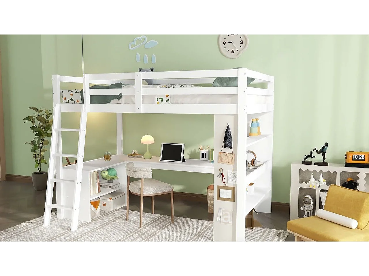 Hoogbed 90×200 cm - met bureau - met opbergplank - met veiligheidsladder - massief hout + MDF - wit (zonder matras)