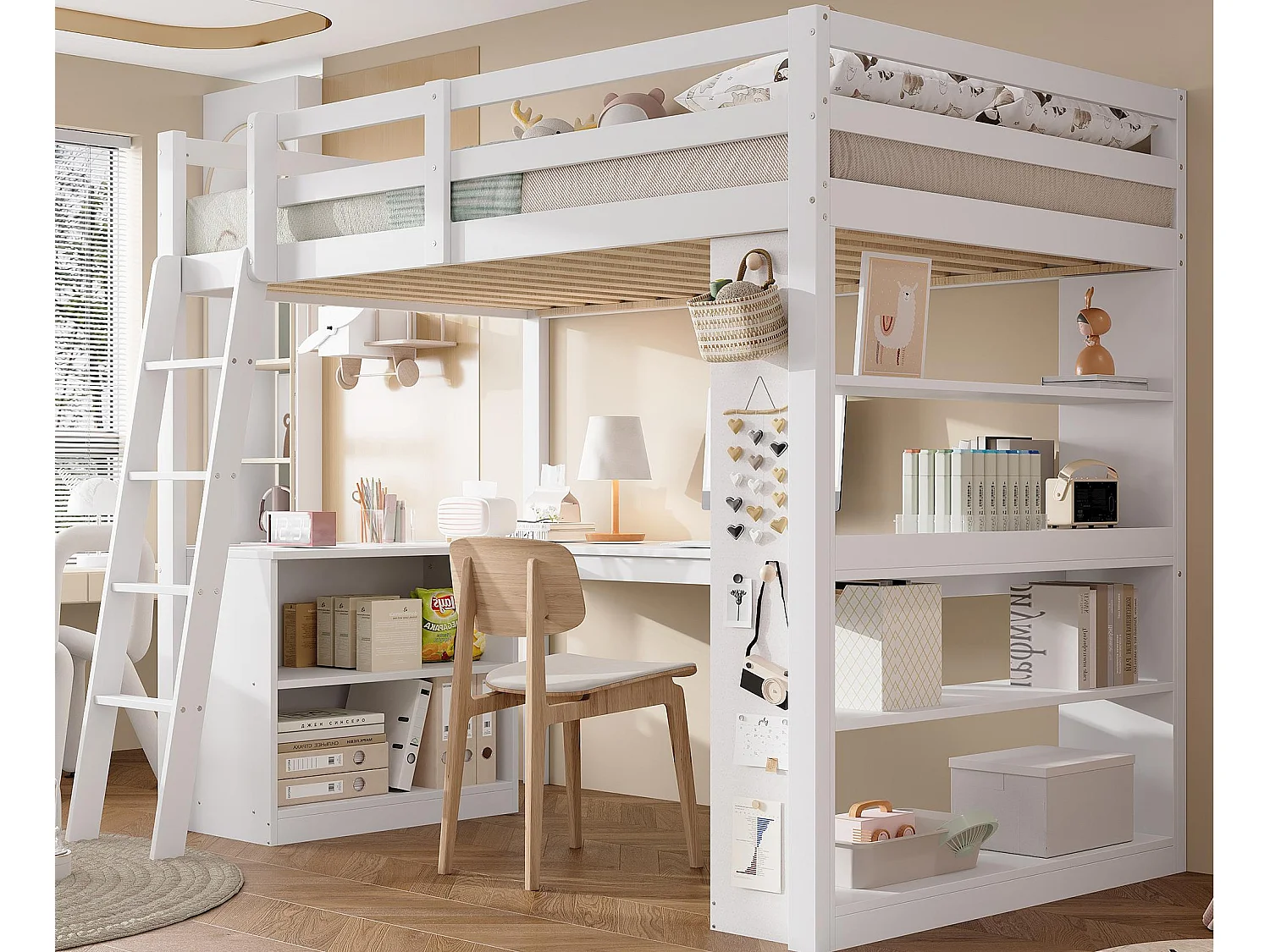 Hoogbed 90×200 cm - met bureau - met opbergplank - met veiligheidsladder - massief hout + MDF - wit (zonder matras)