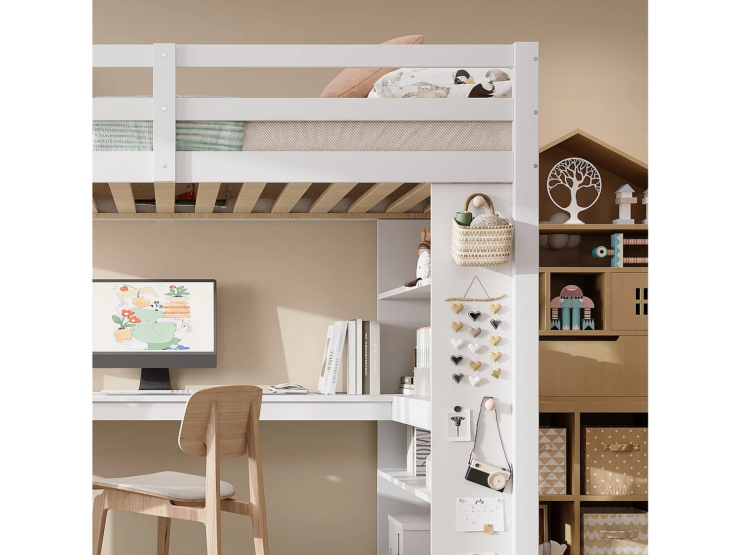 Hoogbed 90×200 cm - met bureau - met opbergplank - met veiligheidsladder - massief hout + MDF - wit (zonder matras)