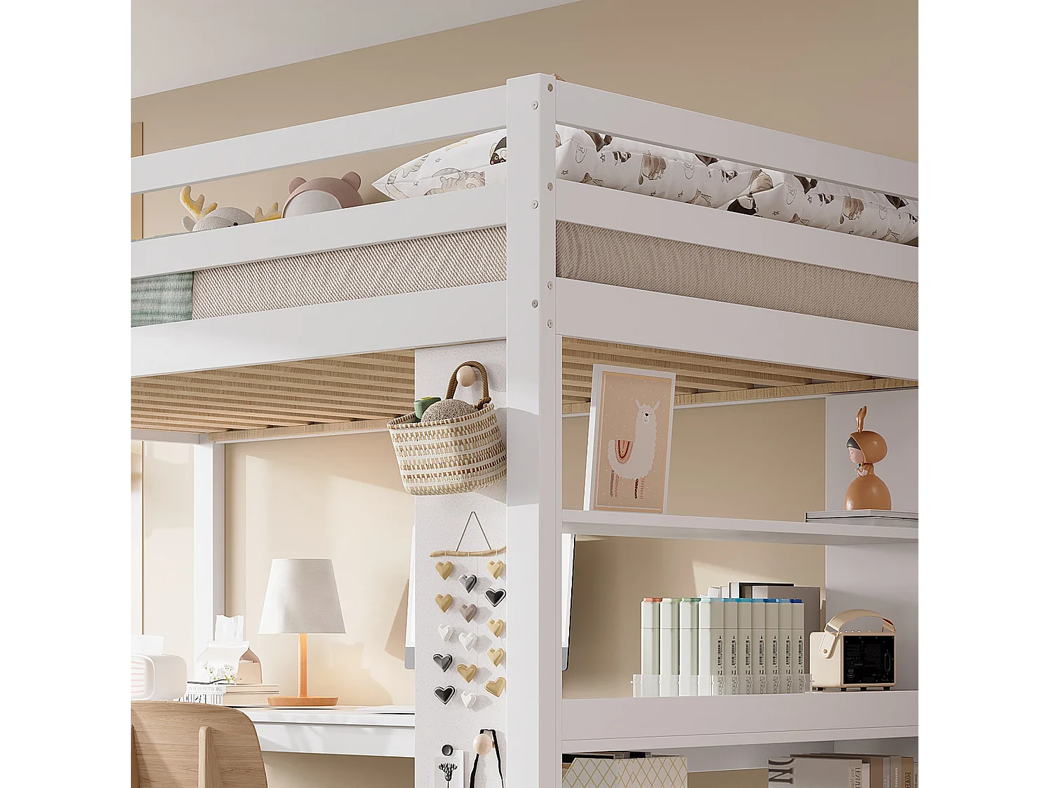 Hoogbed 90×200 cm - met bureau - met opbergplank - met veiligheidsladder - massief hout + MDF - wit (zonder matras)