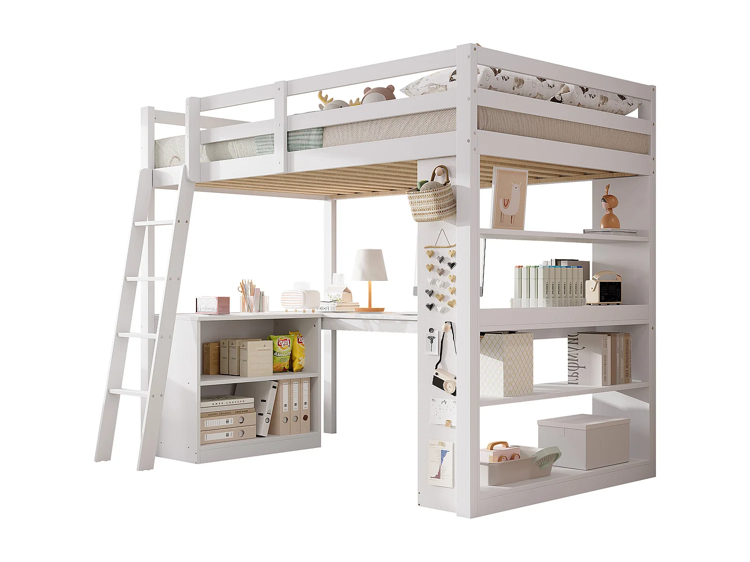 Hoogbed 90×200 cm - met bureau - met opbergplank - met veiligheidsladder - massief hout + MDF - wit (zonder matras)