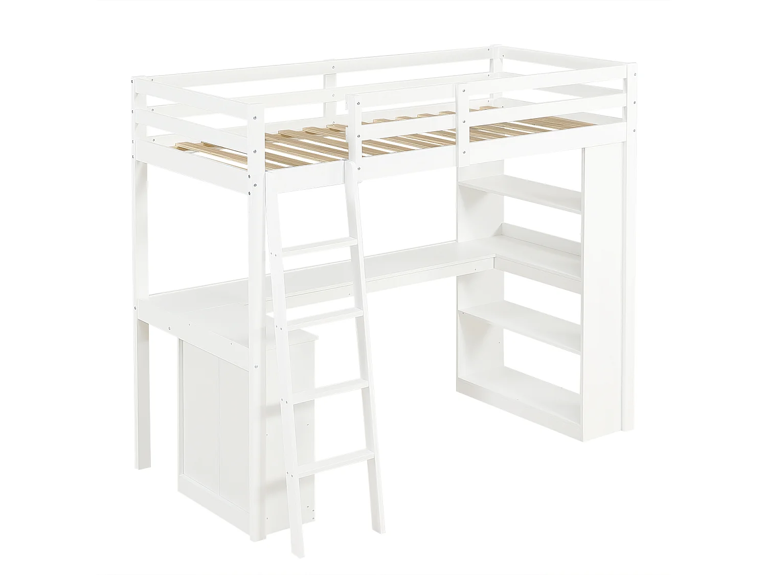 Hoogbed 90×200 cm - met bureau - met opbergplank - met veiligheidsladder - massief hout + MDF - wit (zonder matras)