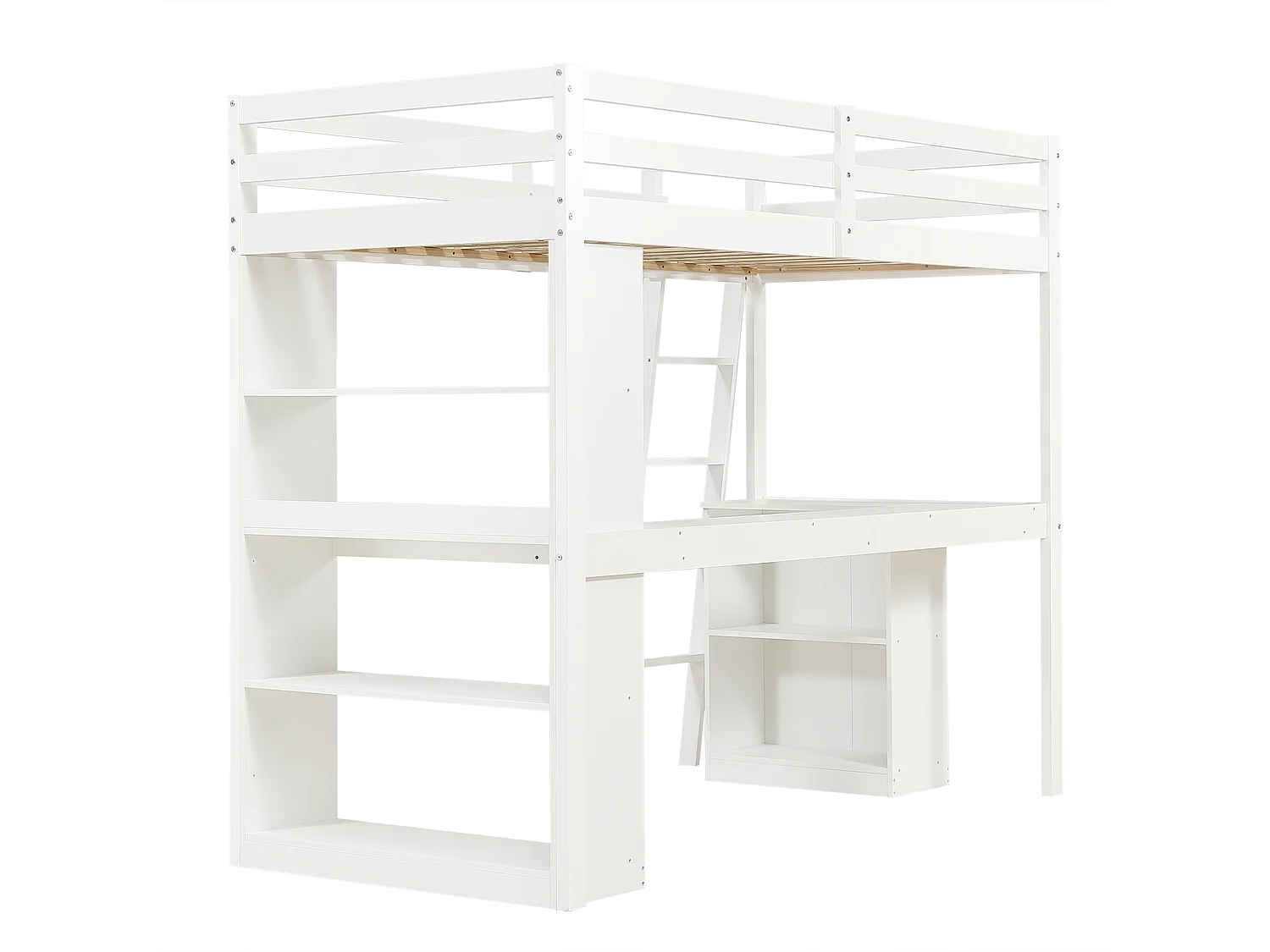 Hoogbed 90×200 cm - met bureau - met opbergplank - met veiligheidsladder - massief hout + MDF - wit (zonder matras)